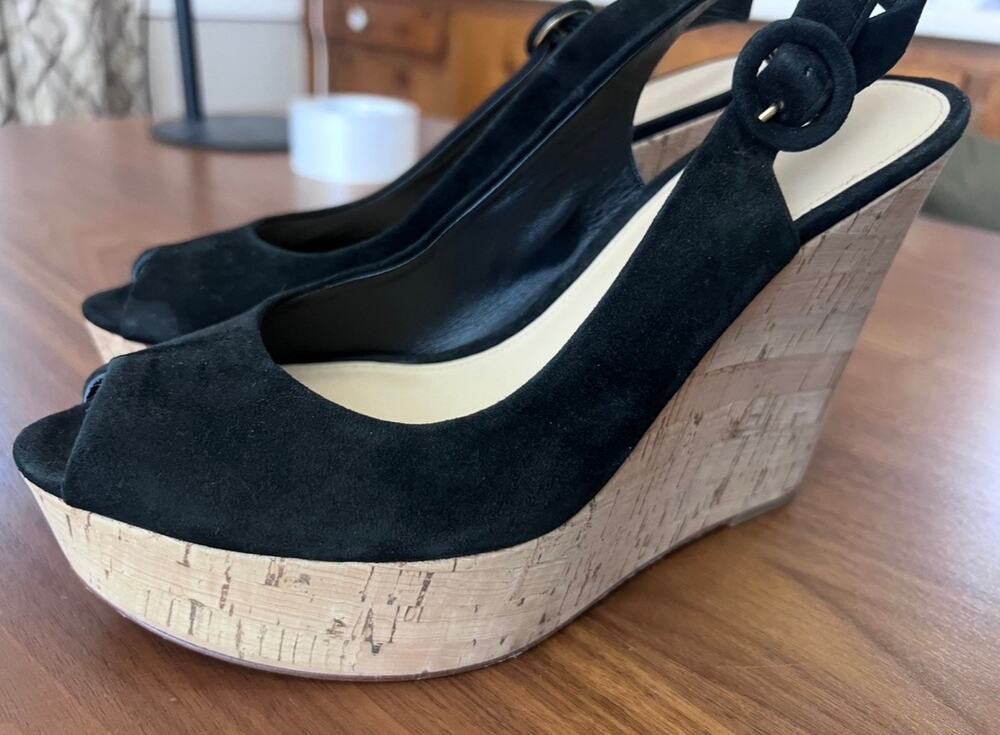 Veronica Beard Black Suede Cork Wedge Peep Toe Slingback Sandals 8.5